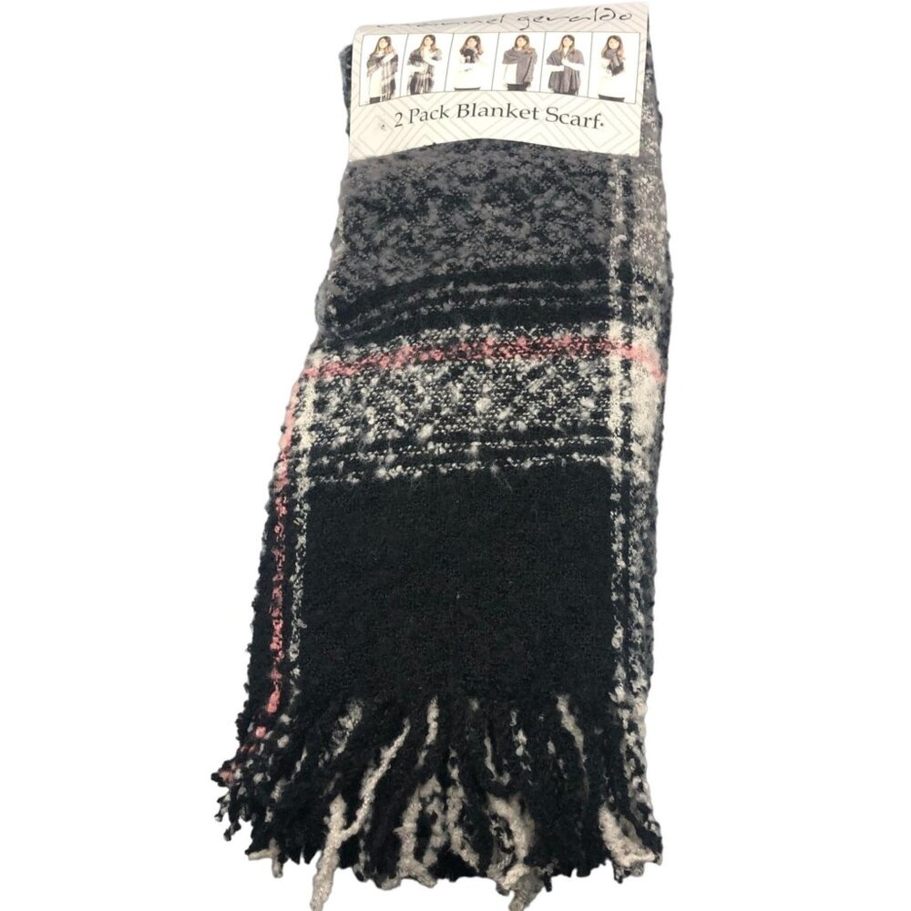 Emanuel Geraldo 2 pack blanket scarf wrap knit fringe polyester gray new READ